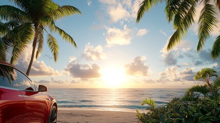 Image of red car parked on a tropical beach at sunset.