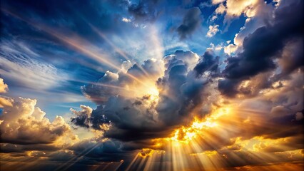 Dramatic clash of bright sunbeams and dark brooding clouds in a display of light and shadow