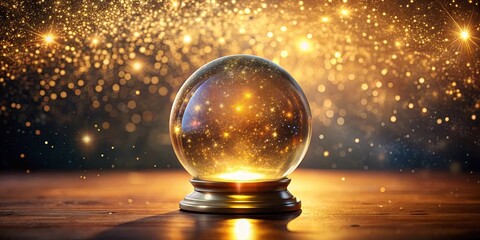 Crystal ball reflecting starry sky on golden base with warm glow background