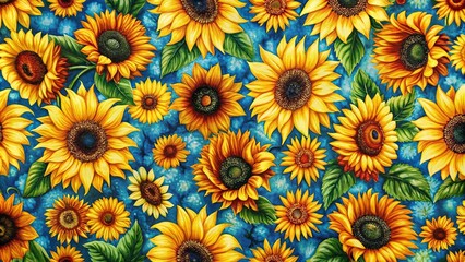 Sunflower print fabric with leaves and flowers in vibrant colors