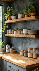 Fototapeta premium Contemporary Kitchen Interior with Open Wooden Shelves Showcasing Stylish Dishware and Greenery