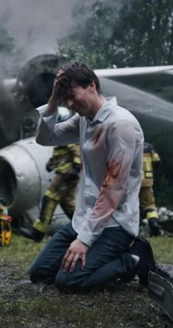 Vertical Screen: Injured Young Man Kneels Beside a Wrecked, Burning Airplane. Emergency Vehicles and Firefighters Arrive to the Emergency, Ready to Put Down the Fire and Rescue Survivors