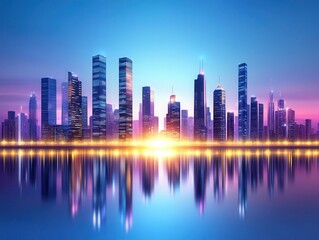 Fototapeta premium A stunning skyline at twilight, reflecting in water, showcasing modern architecture and vibrant colors of the sunset.