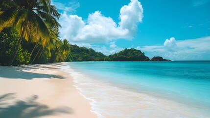Tropical Beach Paradise: A pristine tropical beach with white sand, crystal-clear turquoise waters, and palm trees swaying gently in the breeze.

