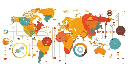 A colorful world map with many different shapes and lines