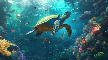 A diverse underwater scene with small, neon-colored fish swimming around colorful corals, alongside a majestic sea turtle and schools of gliding fish