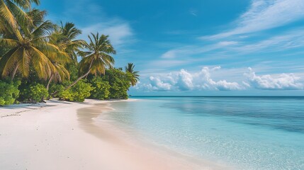 Fototapeta premium Tropical Beach Paradise: A pristine tropical beach with white sand, crystal-clear turquoise waters, and palm trees swaying gently in the breeze. 