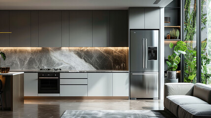 Modern refrigerator in kitchen, steam oven, dishwasher, range hood, washing machine, minimalist premium, rock slab texture, minimalist premium luxury. Generative AI.