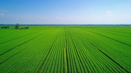 A drone shot capturing a lush green rice field with uniform rows stretching to the horizon, under a clear blue sky, showcasing the beauty of rural landscapes