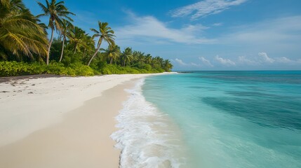 Tropical Beach Paradise: A pristine tropical beach with white sand, crystal-clear turquoise waters, and palm trees swaying gently in the breeze.
