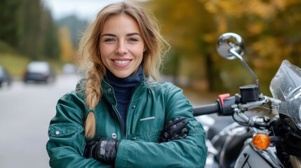 Obraz premium A confident woman with long hair stands beside her motorcycle on a road, wearing a green jacket and gloves, capturing a poised and adventurous moment.
