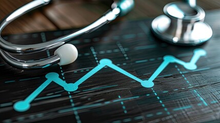 A graph is shown on a wooden surface with a stethoscope on top of it
