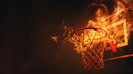 Flaming basketball hoop isolated on a dark background for dramatic effect