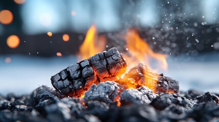 A close-up shot of burning logs with glowing embers and vibrant orange flames, capturing the essence of a rustic campfire in a serene and natural outdoor environment.