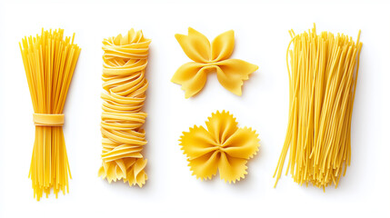 pasta collection isolated on white, set of pasta, italian pasta variety collection, linguine, farfalle, spaghetti, penne