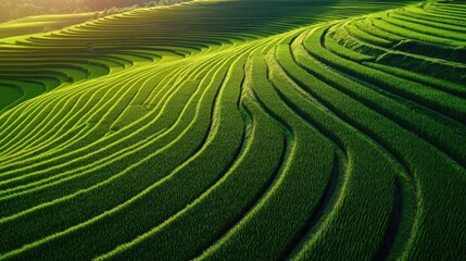 Fototapeta premium A drone view of a vast, green rice field with neatly arranged rows, under a bright, sunny sky, showing the meticulous care taken in farming