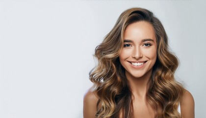 Naklejka premium 하얀색 배경에 웨이브헤어의 젊은 여성이 카메라를 보며 환하게 웃고있다 