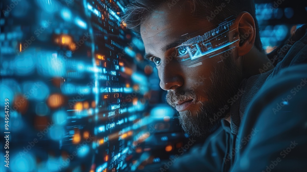Poster cybersecurity analyst surrounded by holographic data streams, actively hunting for cyber threats. ge