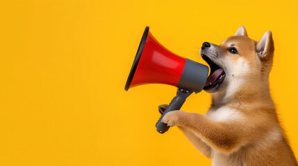 A playful Shiba Inu puppy energetically holds a red megaphone against a vibrant yellow background