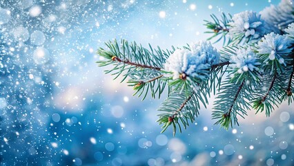 Snow covered pine branch with delicate snowflakes in a winter wonderland scene