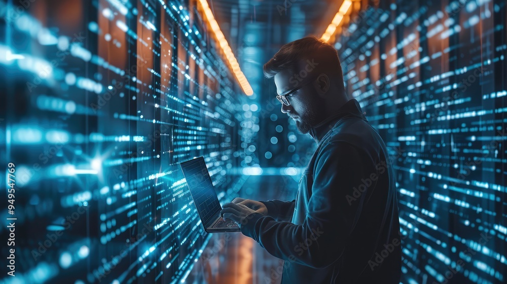 Aufkleber cybersecurity analyst surrounded by holographic data streams, actively hunting for cyber threats. ge
