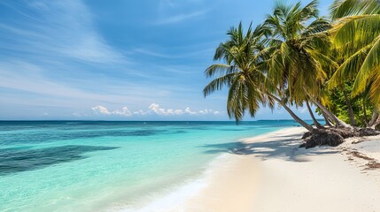 Tropical Beach Paradise: A pristine tropical beach with white sand, crystal-clear turquoise waters, and palm trees swaying gently in the breeze.
