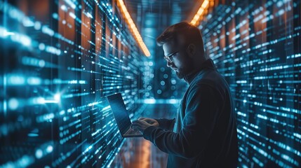 Cybersecurity analyst surrounded by holographic data streams, actively hunting for cyber threats. Generative AI.