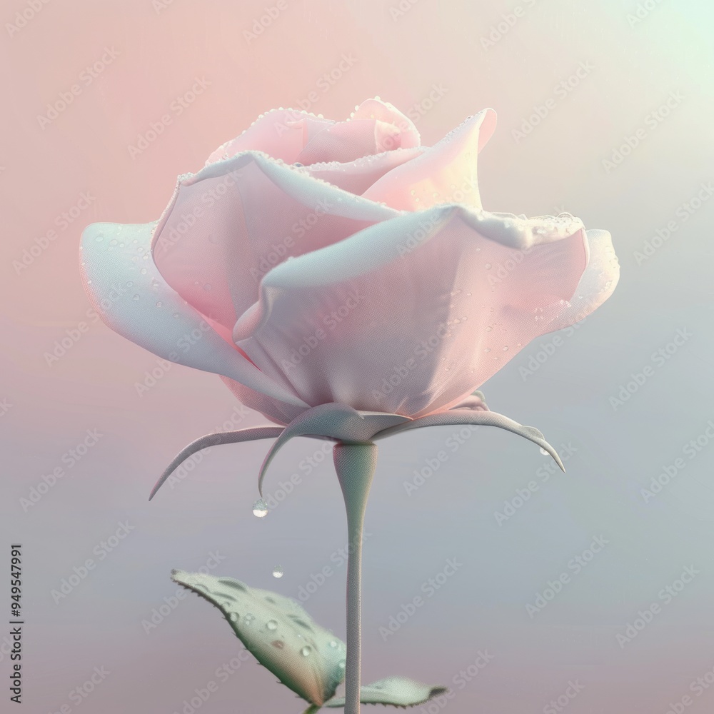 Poster Delicate pink rose with dew drops, soft focus.