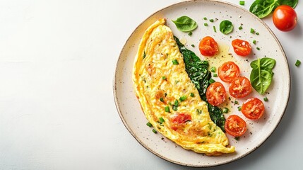 A flat lay of a perfectly cooked stuffed omelette with tomatoes and spinach, set against a light stone backdrop, ideal for illustrating a healthy, protein-packed morning meal,