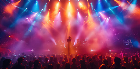 A vibrant concert stage with passionately under colorful spotlights, surrounded by an energetic crowd. Generative AI.