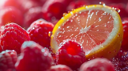 A closeup shot of a vivid pink slice of lemon sitting over fresh raspberries