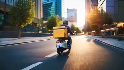  Firefly Pizza delivery boy riding motor bike on the city street in evening, take out food....