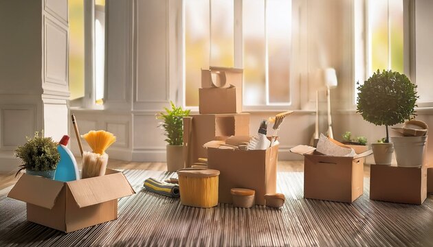  Firefly Move concept lightroom with cardboard boxes and cleaning accessories ready for relocation an