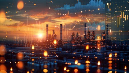 Industrial Facility at Sunset with Overlaid Data and Bokeh Lights