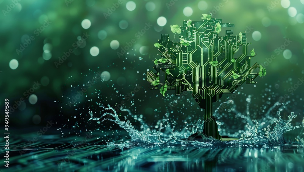 Poster circuit board tree with water splash and green background