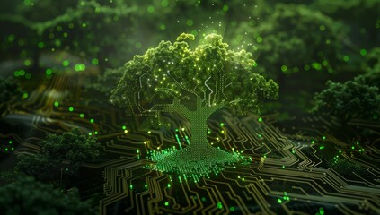 A Green Tree Formed from Circuitry, Illuminated with Green and White Lights