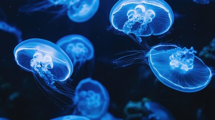 A group of jellyfish swimming in sync, their bodies radiating with blue neon light, set against a dark and moody aquarium backdrop