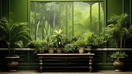Mock up room with green coloured walls and plants, Template, Background  