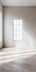 Fototapeta premium Empty room in neutral colors with ample copyspace, a large window filling the room with natural lighting and creating a play between daylight and shadows.