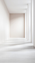 Fototapeta premium Empty room in neutral colors with ample copyspace, a large window filling the room with natural lighting and creating a play between daylight and shadows.
