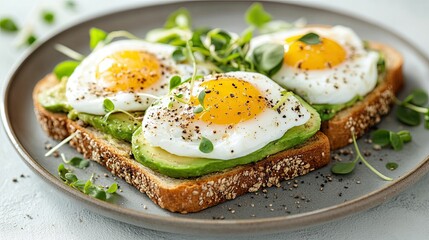 3. Avocado toast garnished with microgreens and poached eggs, nutrient-rich breakfast, healthy eating concept.
