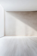 Empty room in neutral colors with ample copyspace, a large window filling the room with natural lighting and creating a play between daylight and shadows.