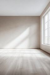 Fototapeta premium Empty room in neutral colors with ample copyspace, a large window filling the room with natural lighting and creating a play between daylight and shadows.