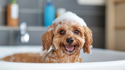 A small brown dog is being bathed in a white tub with its fur covered in soap suds, creating a playful and charming scene that shows the pet care routine.