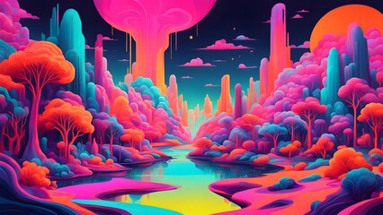 Vivid Neon Dreamscape with Regionalism Influence and Fluid Shapes