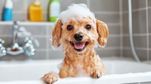 A dog with wet ears covered in soap bubbles is having a bath in a white bathtub, with bathroom products visible in the background.
