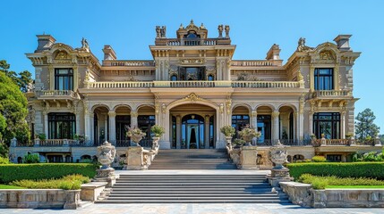 Obraz premium A grand mansion with ornate architecture and lush landscaping under a clear blue sky.