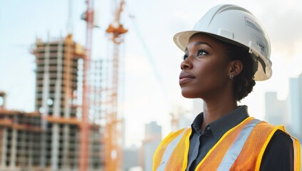 Black woman in a safety vest and hard hat stands at the site of unfinished high-rise building, with cranes in the background 