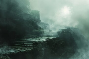 Fototapeta premium Foggy landscape with steps leading up to a cliff, soft edges and blurred boundaries create a hazy atmosphere, Soft edges and blurred boundaries giving a hazy, atmospheric feel