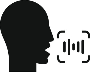 Black silhouette of a man speaking with sound waves into voice recognition software